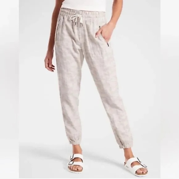 Athleta Cabo Tide Linen Joggers Neutral Camo Pants Size 2 Elastic Waist - Picture 1 of 11